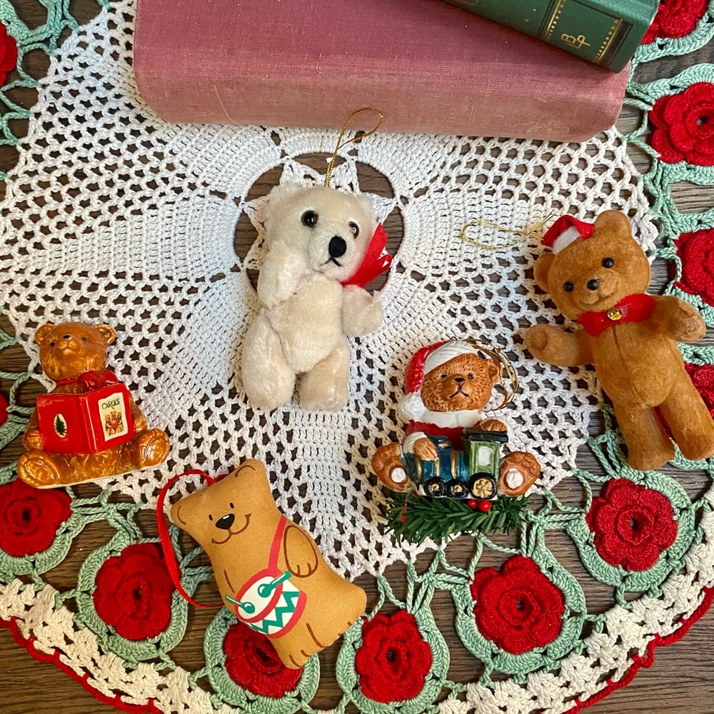 Vintage Lot of Assorted Christmas Teddy Bear Tree Ornaments, Christmas Bears
